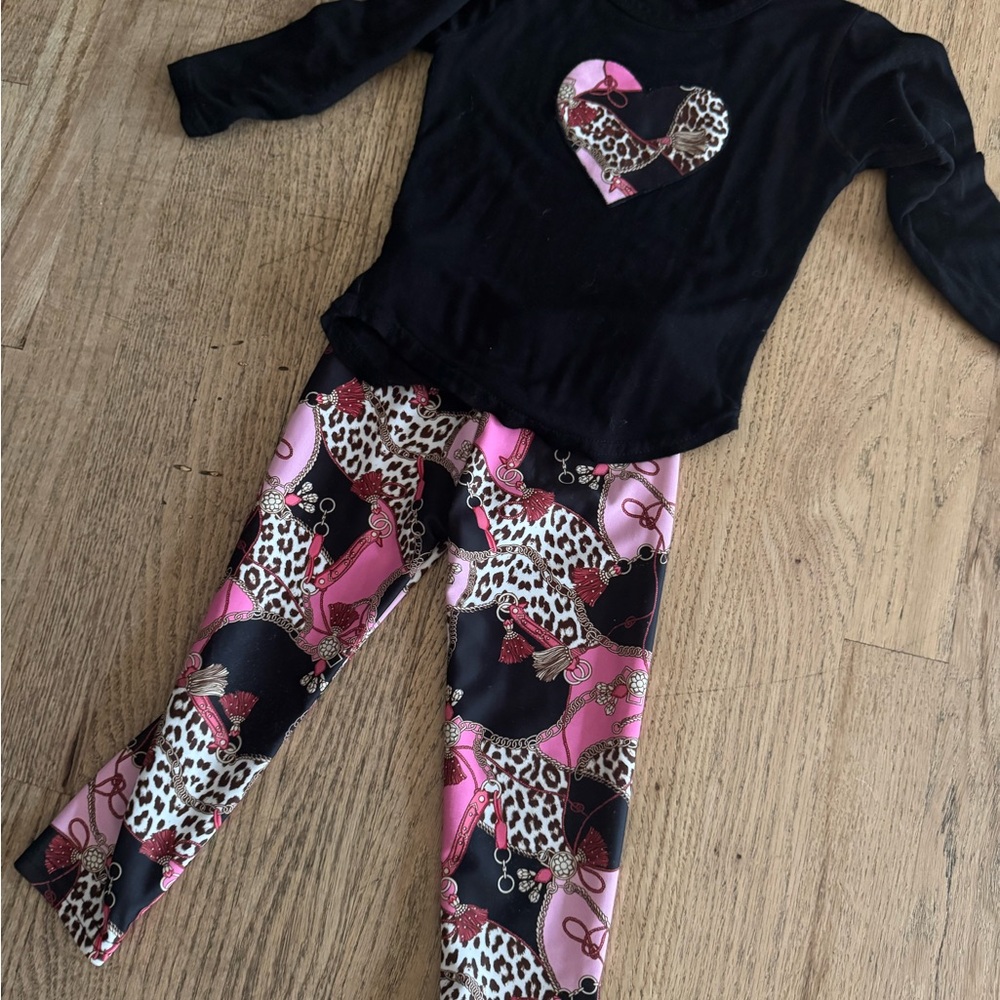 Dori Creations Black Heart Top and Pink Leopard Leggings Set